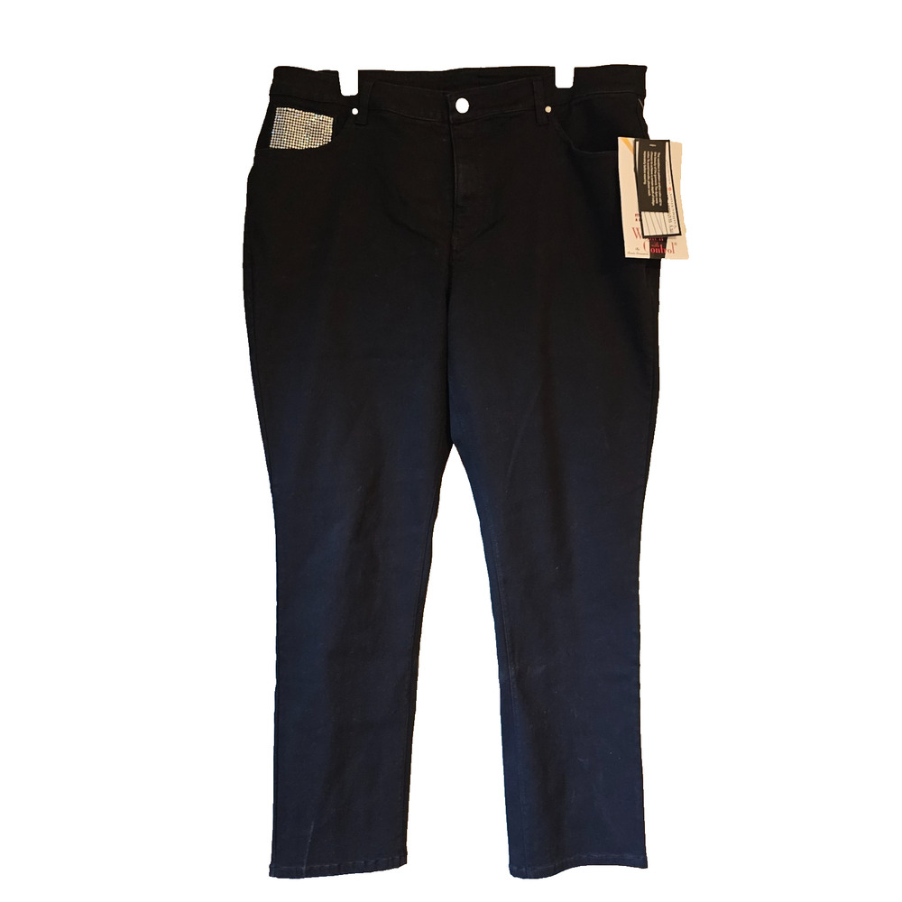 Women With Control Black Pants 18W Plus Pull On Slim Rhinestone Pocket NWT